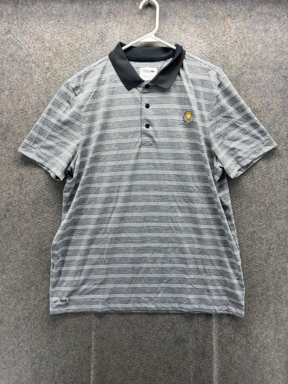Lacoste Sport Polo Shirt Mens 2XL Gray Striped Jersey Golf Trophy Logo Casual